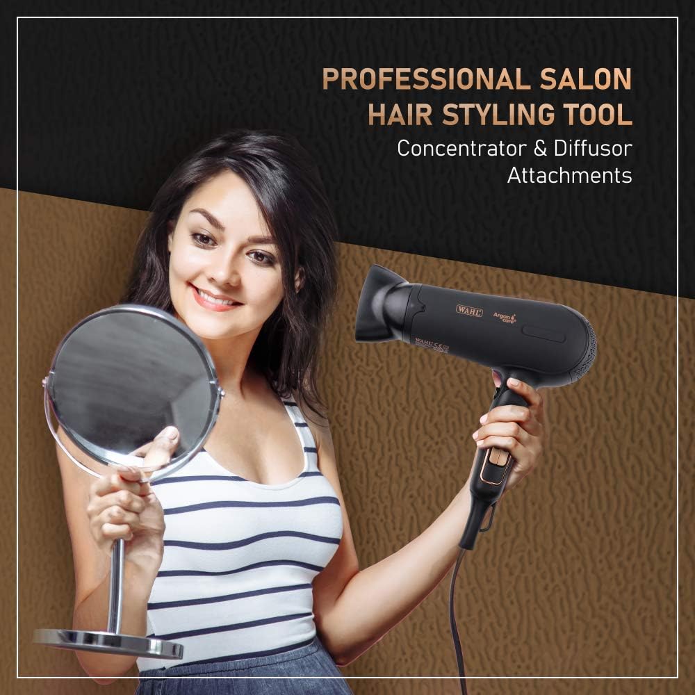 Wahl Pro Shine Hair Dryer 2200W – Argan Oil Infused Professional Blow Dryer with 3 Heat & 2 Speed Settings, Cool Shot, Diffuser & Concentrator Attachments – Lightweight & Travel-Friendly