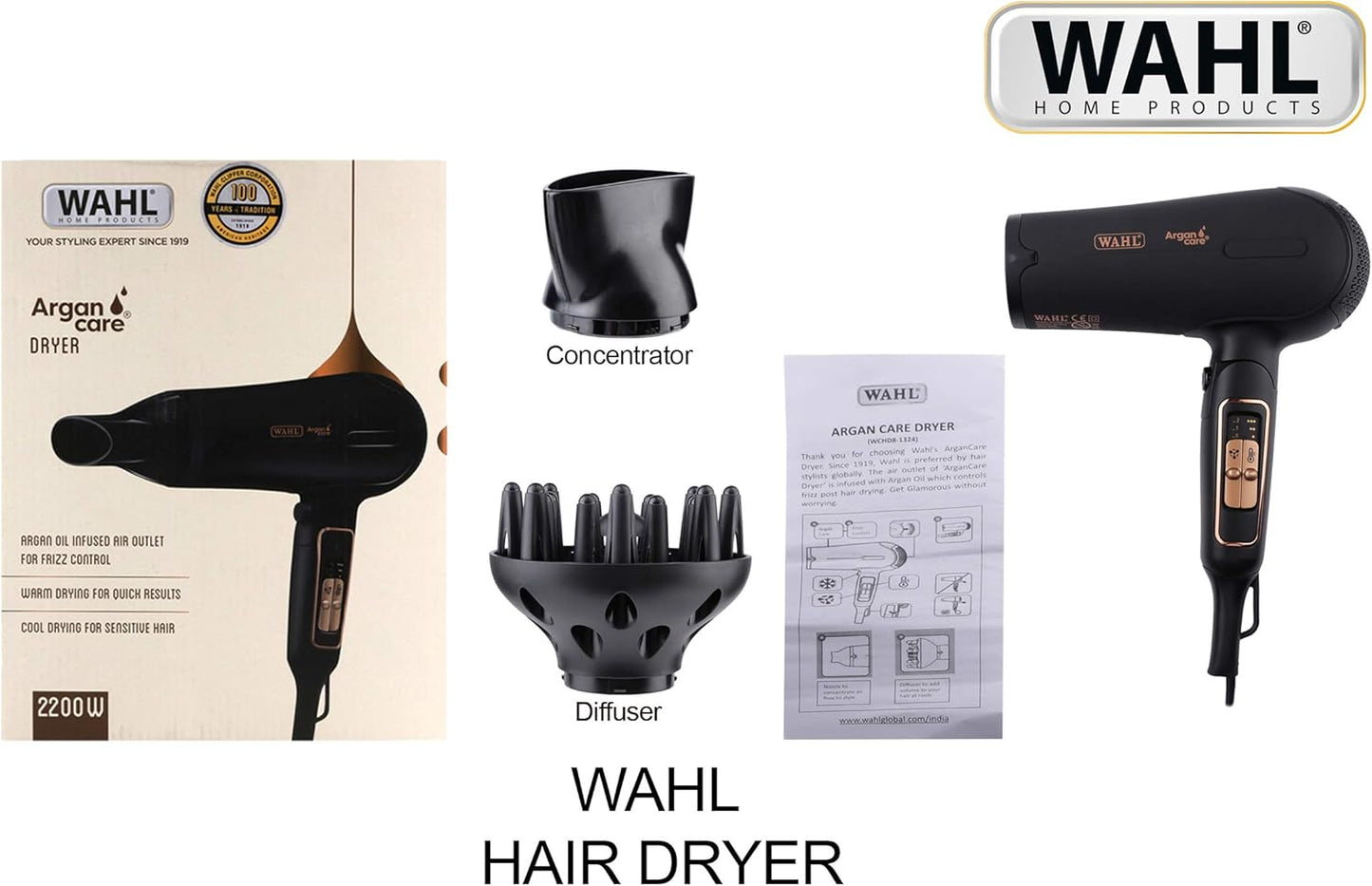 Wahl Pro Shine Hair Dryer 2200W – Argan Oil Infused Professional Blow Dryer with 3 Heat & 2 Speed Settings, Cool Shot, Diffuser & Concentrator Attachments – Lightweight & Travel-Friendly