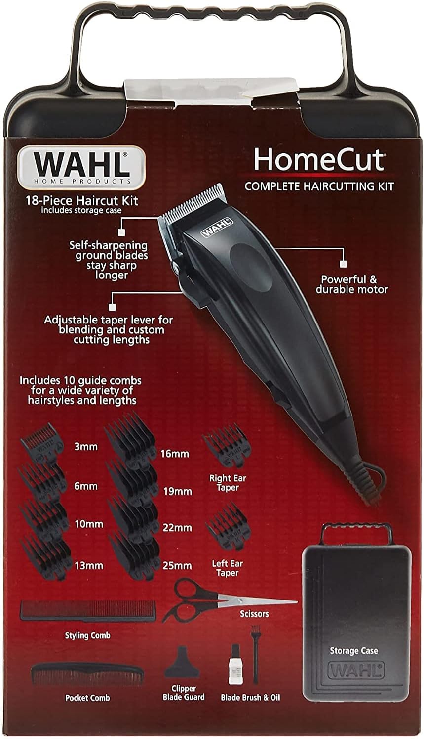 WAHL Homecut Complete Haircutting Kit, Corded Hair Clipper Self Sharpening Precision Blades With Taper Lever, Powerful And Durable Motor, 10 Guide Combs For Multiple Lenghts