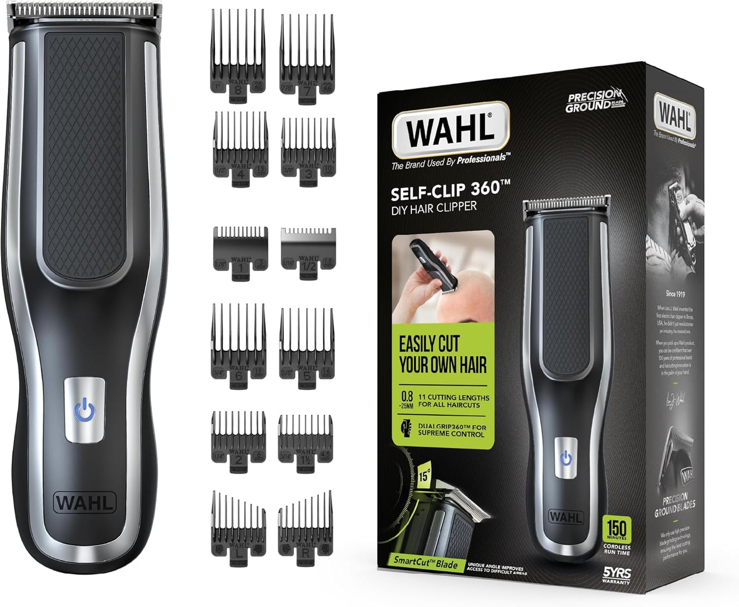 Wahl Self-Clip 360™ Hair Clipper for Men, DUALGRIP360™ Design, 10 Guide Combs, 150-Minute Runtime, USB Charging
