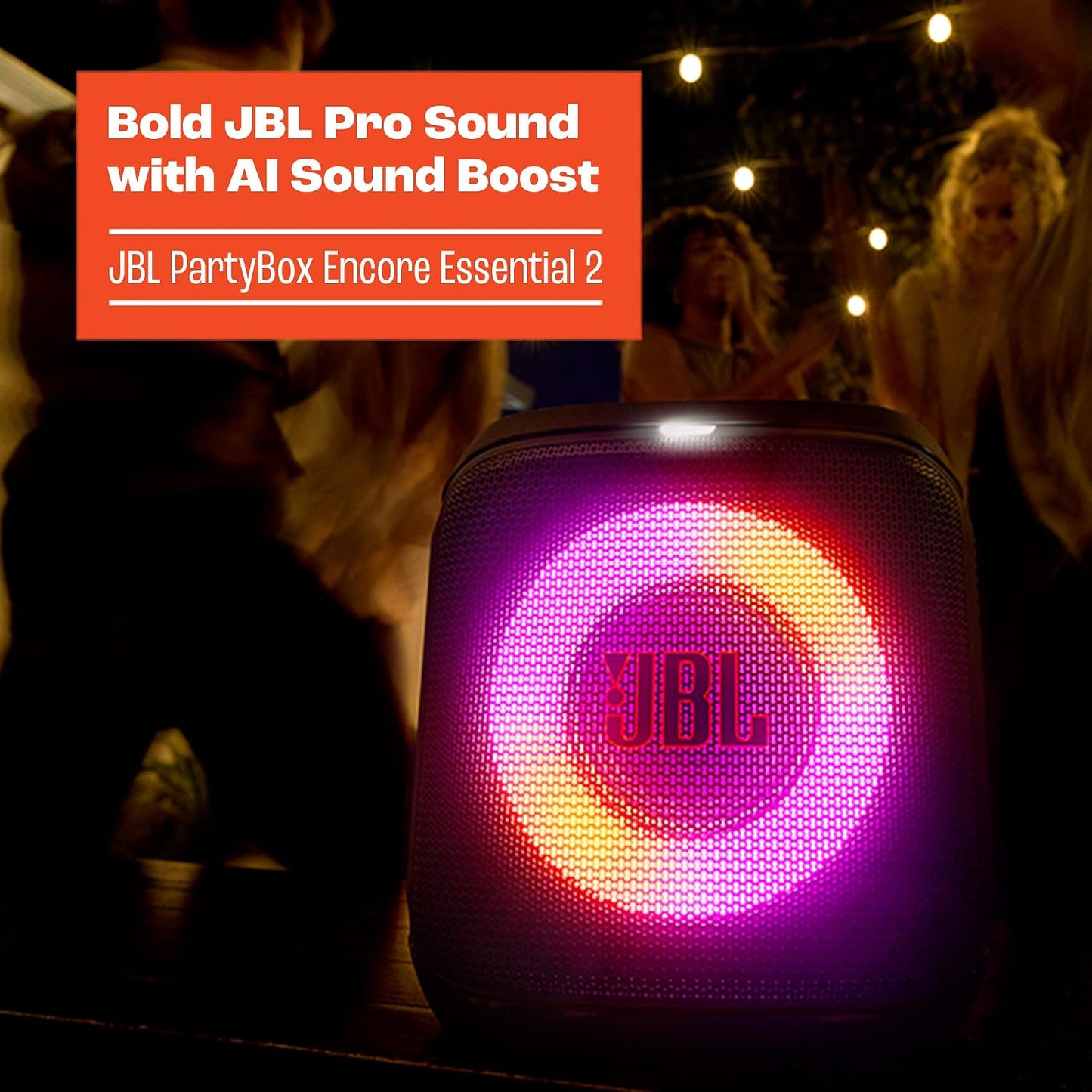 JBL PartyBox Encore Essential 2 Portable Speaker, AI Sound Boost - Black | Dynamic Lightshow, up to 15 Hour Battery, Mic And Guitar Inputs, Auracast Stereo Link, App Control, Splash Proof