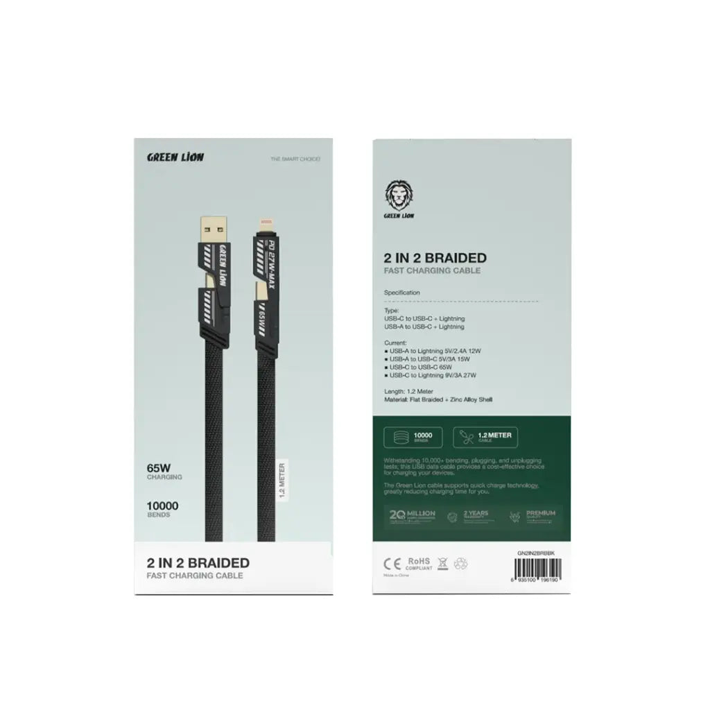 Green Lion 2 in 2 Braided Cable 65W GN2IN2BRBBK
