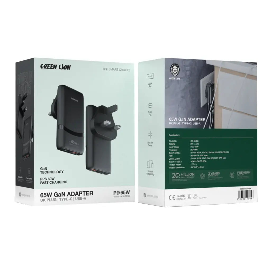 Green Lion 65W Gan Adapter Type-C & A GN65WGANBK