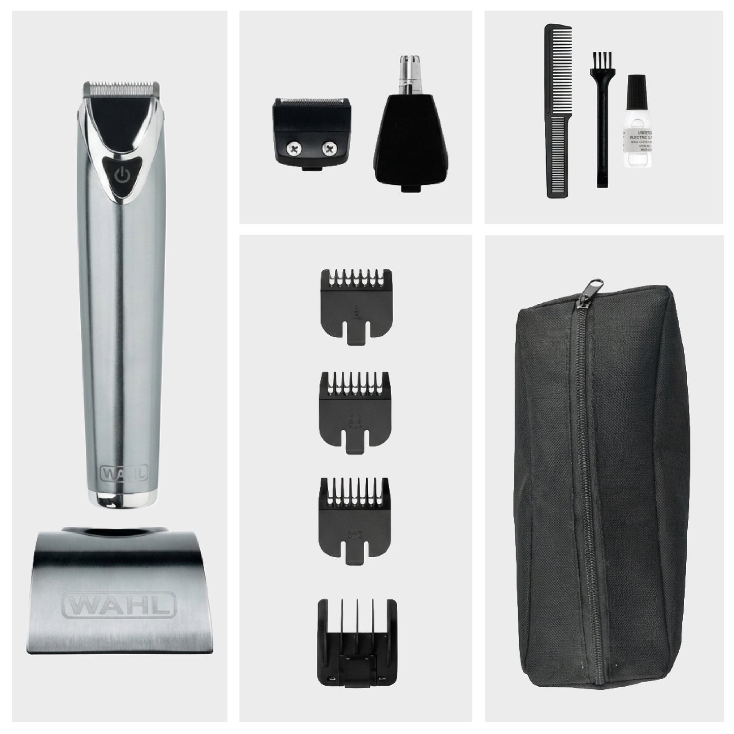 WAHL Lithium Ion Stainless Steel Grooming Kit, Rechargeable Trimmer, Ear and nose attachments, Body detailer for multi grooming, 4 Combs for different grooming lengths, 6 hours Run Time
