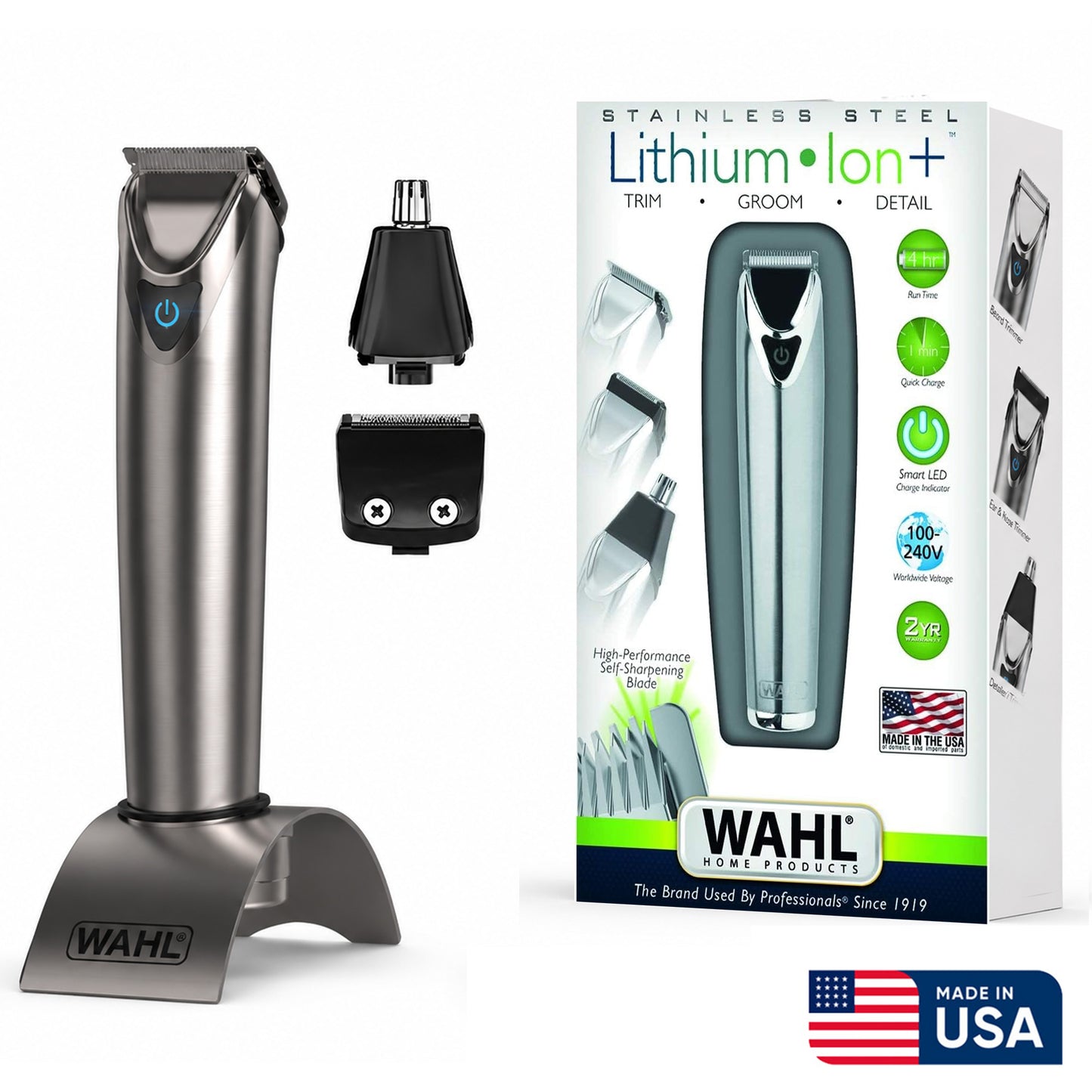 WAHL Lithium Ion Stainless Steel Grooming Kit, Rechargeable Trimmer, Ear and nose attachments, Body detailer for multi grooming, 4 Combs for different grooming lengths, 6 hours Run Time
