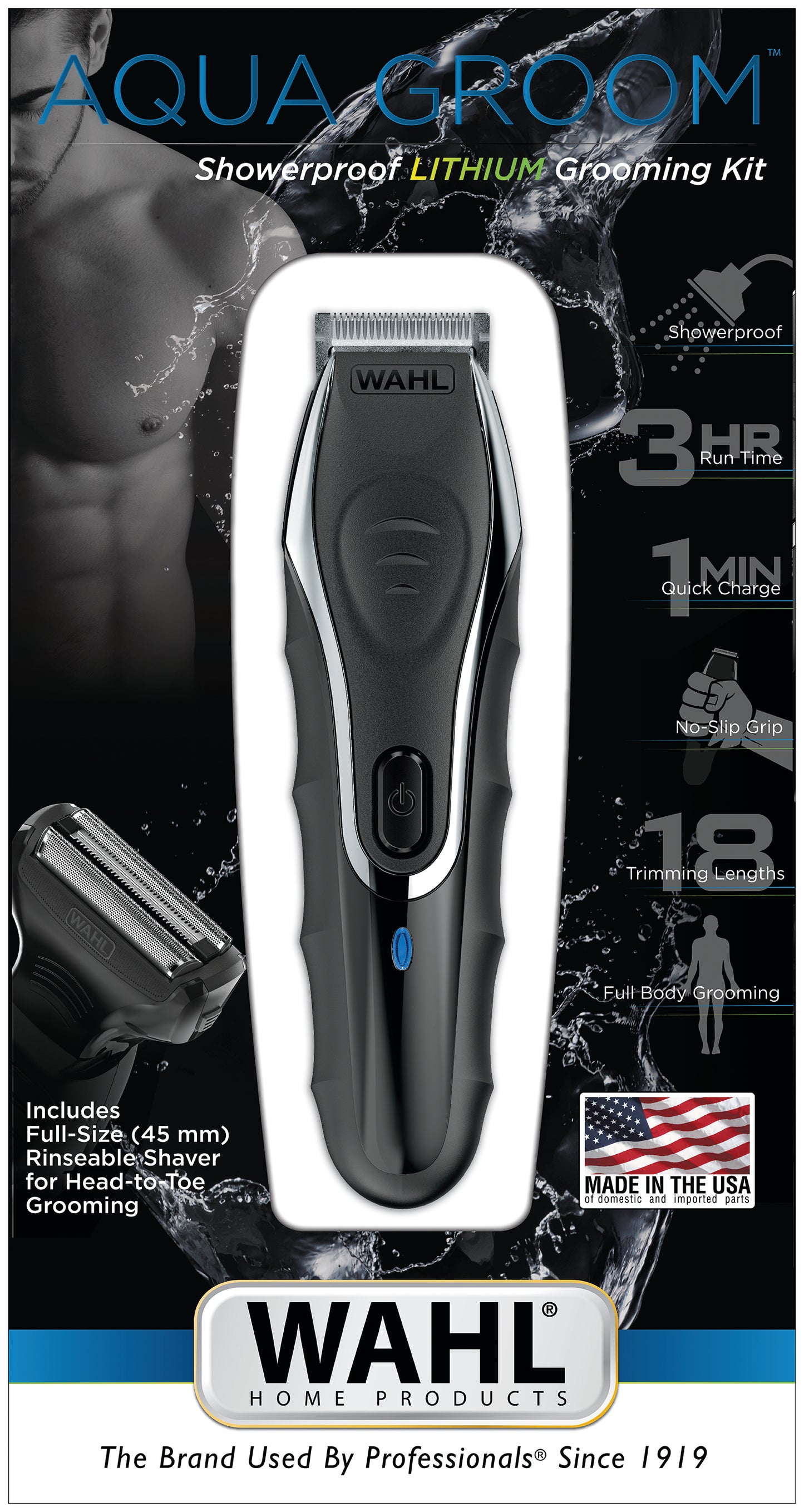 WAHL Aqua Groom Rechargeable Trimmer Kit, Showerproof Lithium Ion Trimmer, Foil Shaver and Detailer, 12 Combs for different beard haircutting lengths, 3 hours Run Time