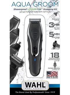 WAHL Aqua Groom Rechargeable Trimmer Kit, Showerproof Lithium Ion Trimmer, Foil Shaver and Detailer, 12 Combs for different beard haircutting lengths, 3 hours Run Time
