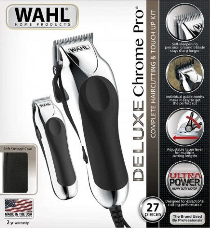 Wahl Deluxe Chrome Pro Hair Cutting Kit, Corded Hair Clipper Kit For Mens Grooming, 12 Comb Attachments, Mini Detailing Trimmer, Self Sharpening Precision Blades With Taper Lever