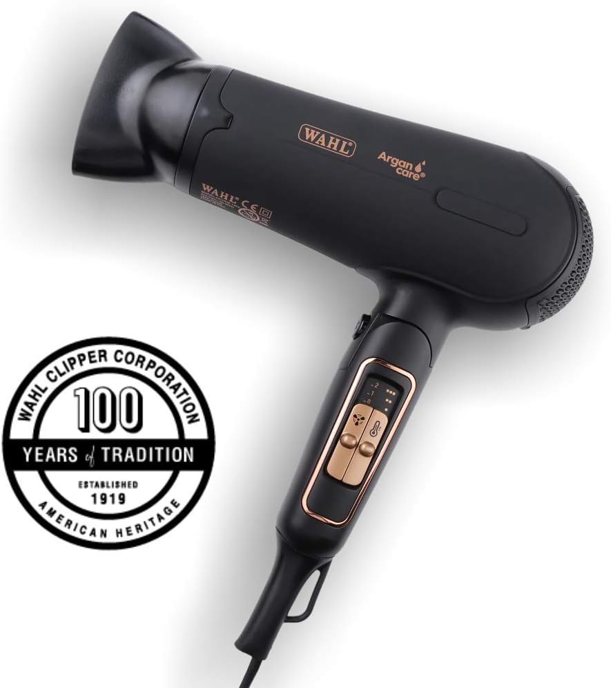 Wahl Pro Shine Hair Dryer 2200W – Argan Oil Infused Professional Blow Dryer with 3 Heat & 2 Speed Settings, Cool Shot, Diffuser & Concentrator Attachments – Lightweight & Travel-Friendly