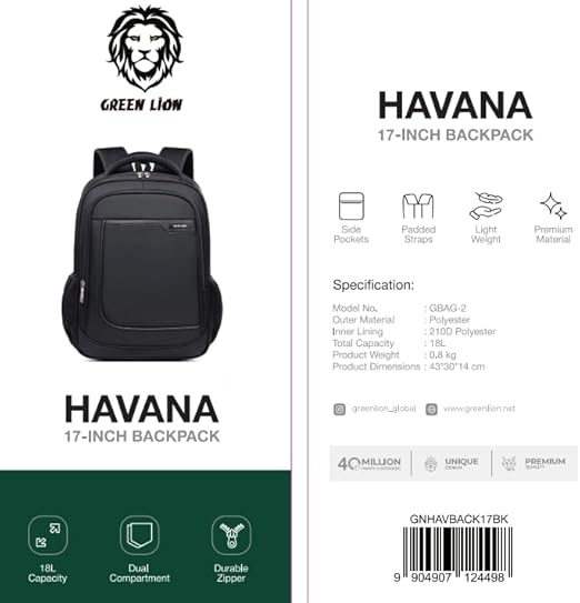 Green Lion Havana 17 Inch Backpack, 18L Capacity, Laptop Backpack for Women/Men, Dual Compartment, Lightweight Polyester with Padded Straps, Business Backpack Suitable for Travel/School/Work- Black