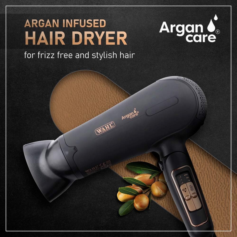 Wahl Pro Shine Hair Dryer 2200W – Argan Oil Infused Professional Blow Dryer with 3 Heat & 2 Speed Settings, Cool Shot, Diffuser & Concentrator Attachments – Lightweight & Travel-Friendly