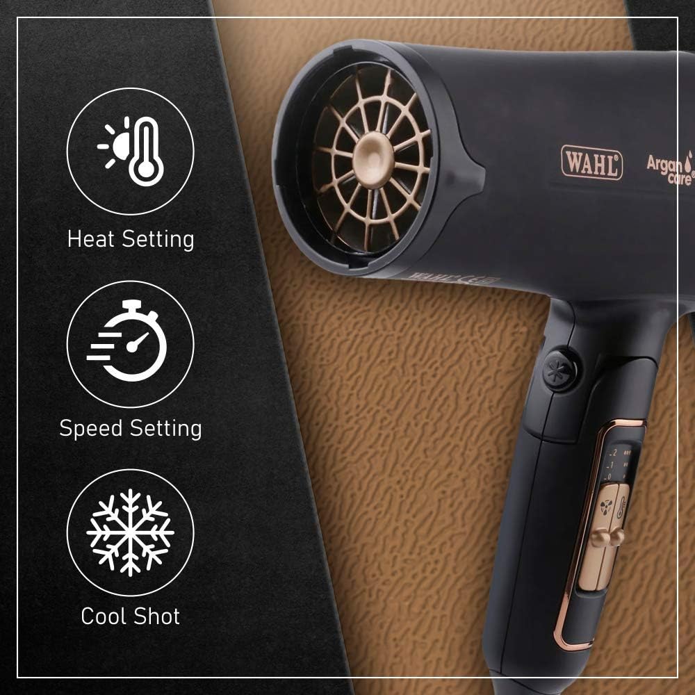 Wahl Pro Shine Hair Dryer 2200W – Argan Oil Infused Professional Blow Dryer with 3 Heat & 2 Speed Settings, Cool Shot, Diffuser & Concentrator Attachments – Lightweight & Travel-Friendly