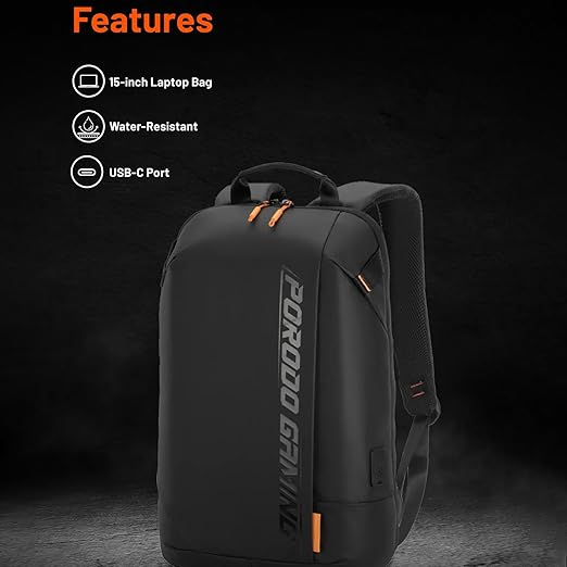 Porodo Gaming Water-Resistant PU Laptop Backpack With USB-C Port 15-inch Laptop Bag Built-in Charging Ports - Black