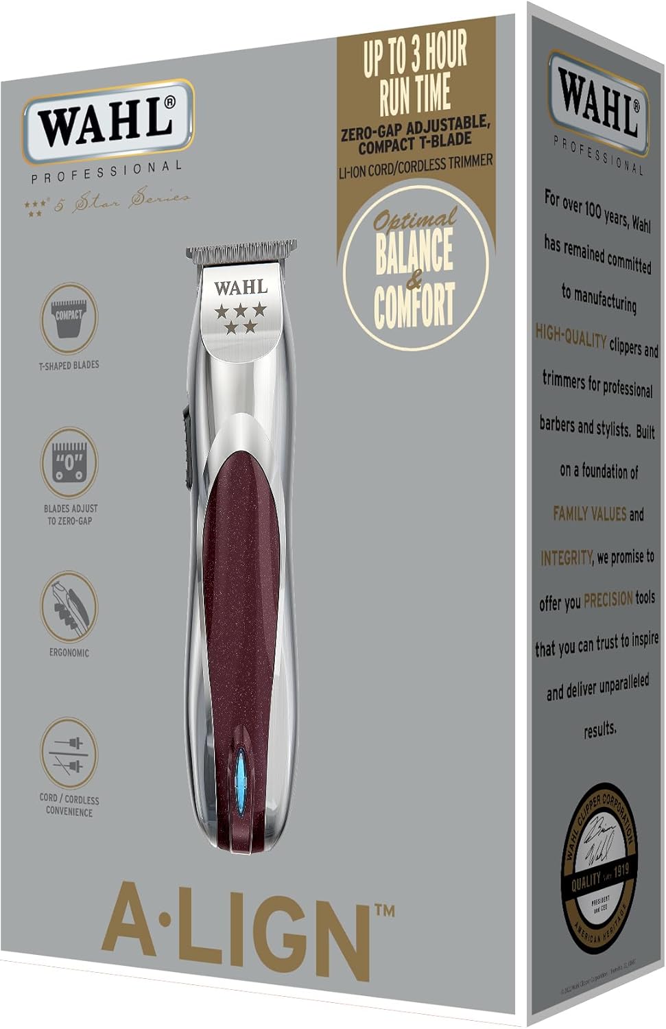 Wahl 5 Star A•LignTrimmer, Cord/Cordless Lithium Ion Trimmer, Professional Hair Trimmers, Detailing and Outlining, Lightweight, Ergonomic, Zero-Gap Adjustable, Compact T-Blades, Barbers Supplies