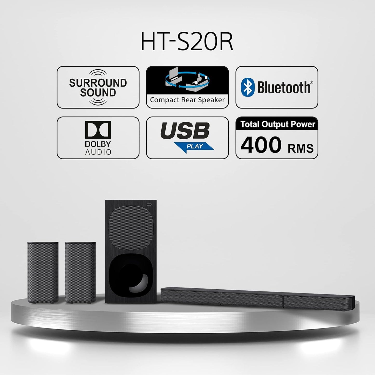 Sony HT-S20R Real 5.1ch Dolby Digital Soundbar for TV with subwoofer and Compact Rear Speakers, 5.1ch Home Theatre System