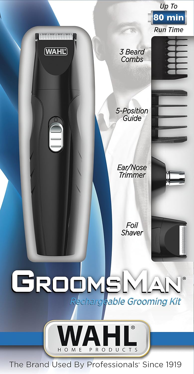 Wahl Groomsman Rechargeable All-in-One Multigroomer for Men - Beard and Stubble Trimmer, Grooming Kit With Nose and Body Trimmer, 3 Interchangeable Heads