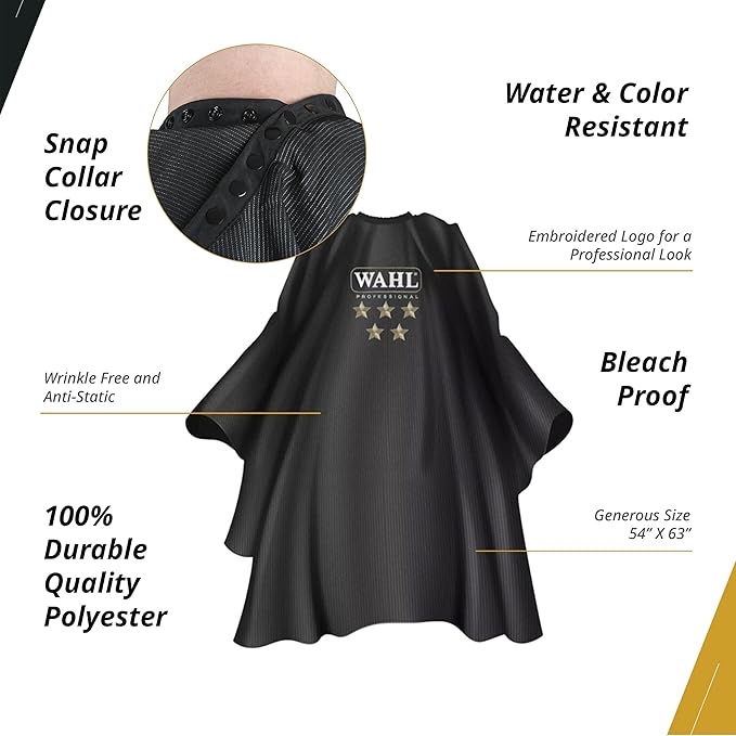 Wahl Professional 5 Star Series Barber Cape, Water and Bleach Resistant, Polyester, Snap Closure for Professional Barbers and Stylists