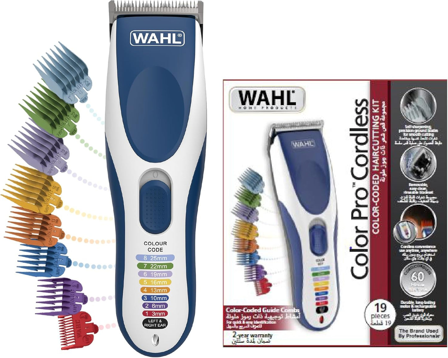 WAHL Color Pro Cordless Hair Clipper Kit, Rechargeable Hair Clipper, Detail Trimmer, Mini Foil Shaver, 12 Colour Coded Comb Attachments, 60 Minutes Run Time, Blue/White Trimmer