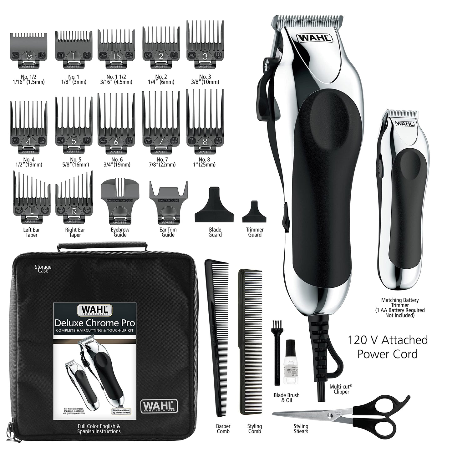 Wahl Deluxe Chrome Pro Hair Cutting Kit, Corded Hair Clipper Kit For Mens Grooming, 12 Comb Attachments, Mini Detailing Trimmer, Self Sharpening Precision Blades With Taper Lever
