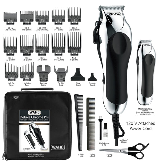 Wahl Deluxe Chrome Pro Hair Cutting Kit, Corded Hair Clipper Kit For Mens Grooming, 12 Comb Attachments, Mini Detailing Trimmer, Self Sharpening Precision Blades With Taper Lever