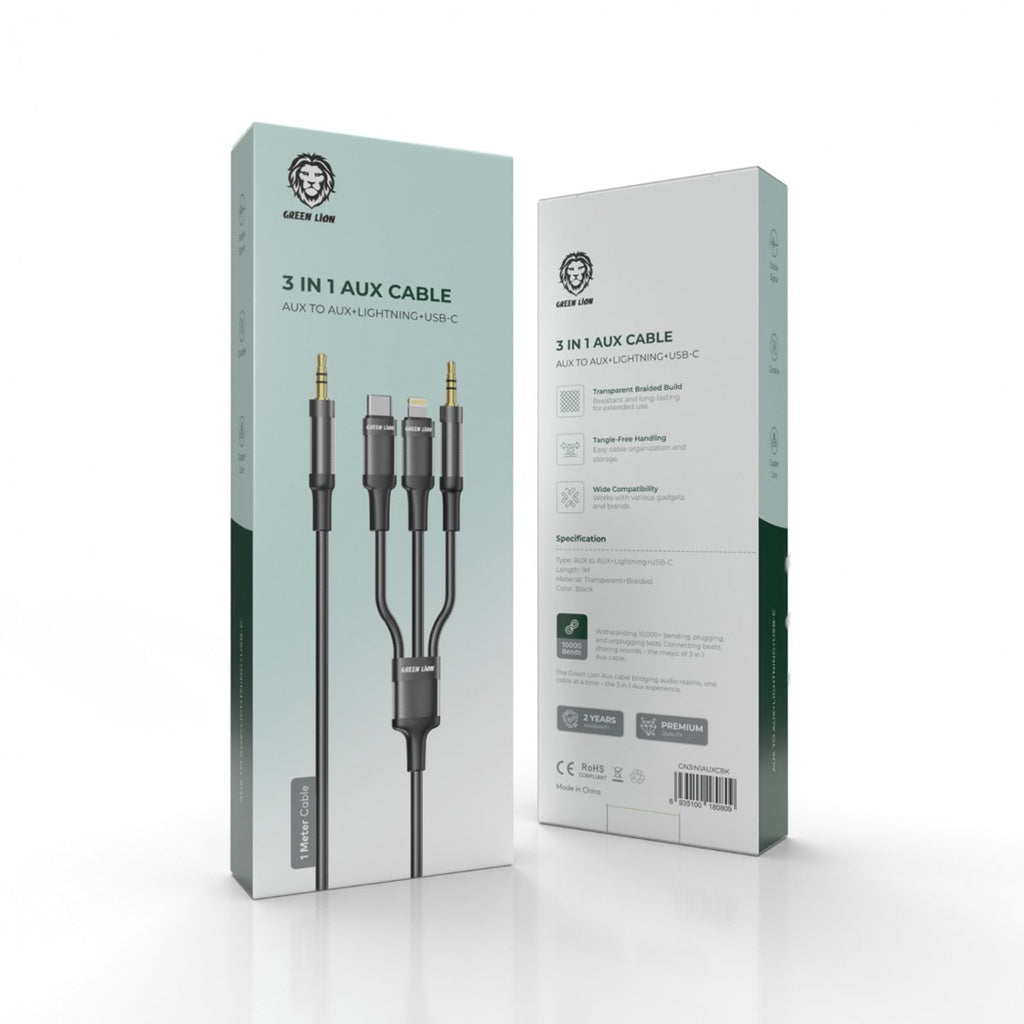 Green Lion 3 in 1 AUX Cable (AUX /Lightning/ US-C)
