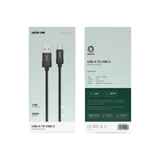 Green Lion USB-A to USB-C Braided Cable 15W - Black