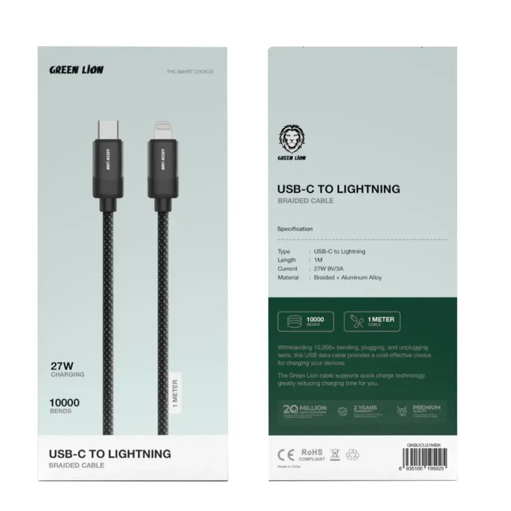 Green Lion USB-C to Lightning Braided Cable 1m 27W - Black