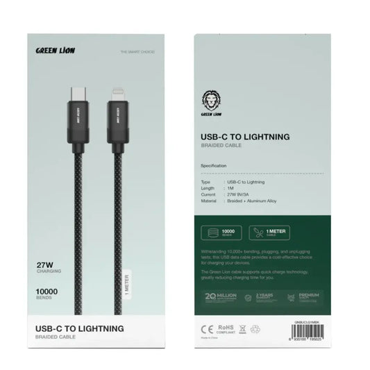 Green Lion USB-C to Lightning Braided Cable 1m 27W - Black