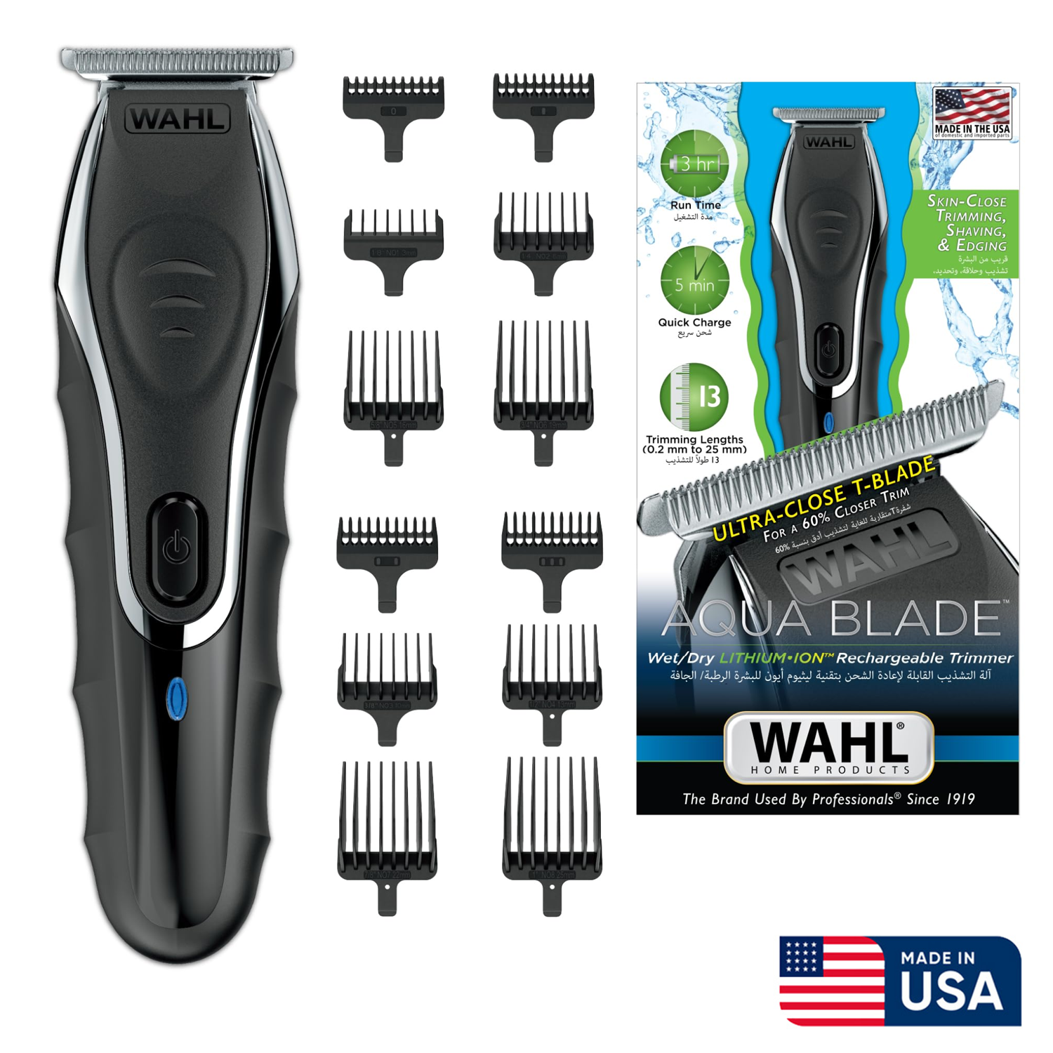 WAHL Aqua Blade Trimmer, Ultra-Close T-Blade For Wet & Dry Shaves, Long-Lasting Lithium-Ion Battery, Self-Sharpening Blades And Smart LED Indicator, 09899-927