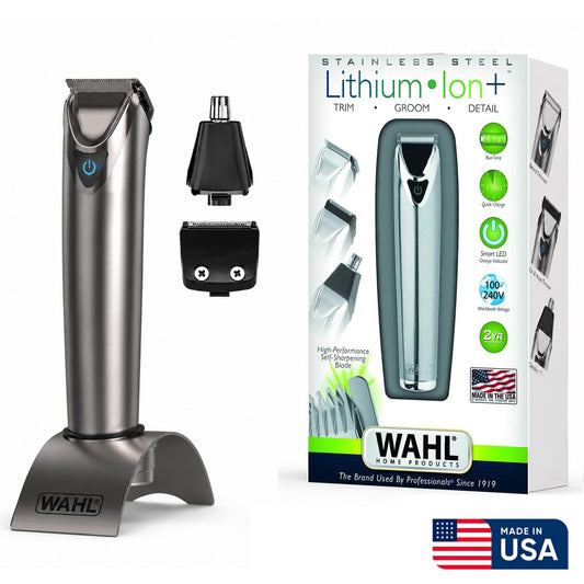 WAHL Lithium Ion Stainless Steel Grooming Kit, Rechargeable Trimmer, Ear and nose attachments, Body detailer for multi grooming, 4 Combs for different grooming lengths, 6 hours Run Time