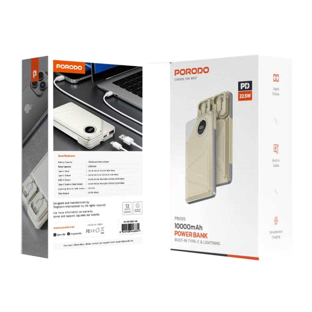 Porodo 10000mAh Power Bank Built-In Type-C & Lightning