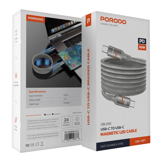 Porodo 60W C to C Magnetic Braided Cable - Grey & Gold